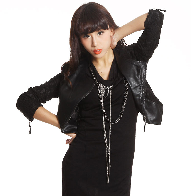 Leather clothing female short design slim motorcycle fashion PU cutout lace long-sleeve black jacket