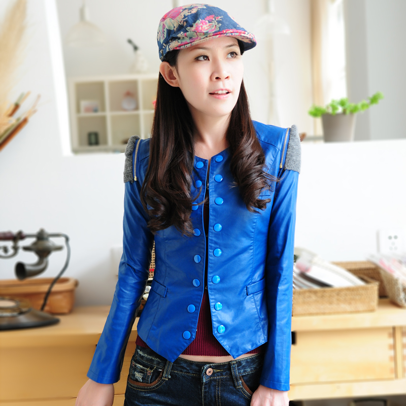 Leather clothing female short design slim o-neck slim motorcycle jacket outerwear