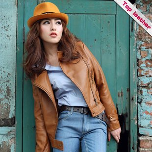 Leather clothing motorcycle slim set rivet turn-down collar short design small leather clothing women's 3k3001g6