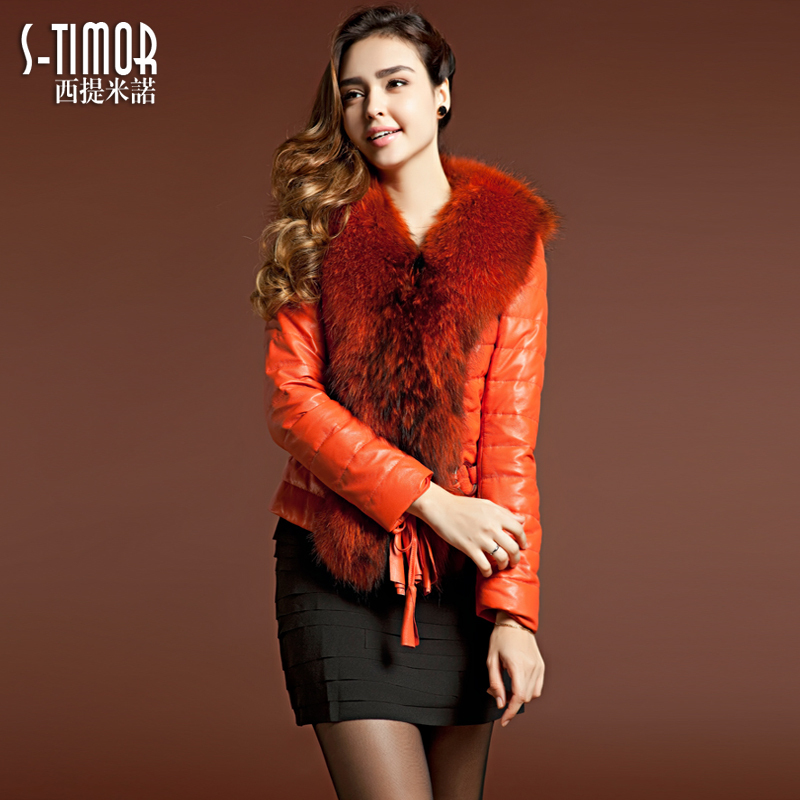 Leather clothing ultralarge fur collar sheepskin genuine leather down coat women short design slim down leather clothing