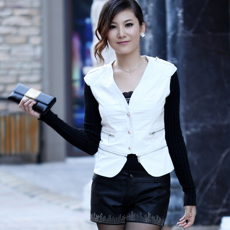 leather clothing vest knitted sleeve zipper V-neck button motorcycle water wash PU clothing,free shipping