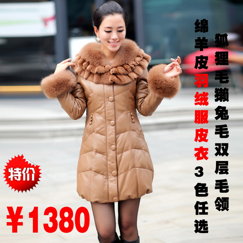 Leather clothing winter genuine leather clothing female sheepskin long design double layer fur collar down coat leather clothing