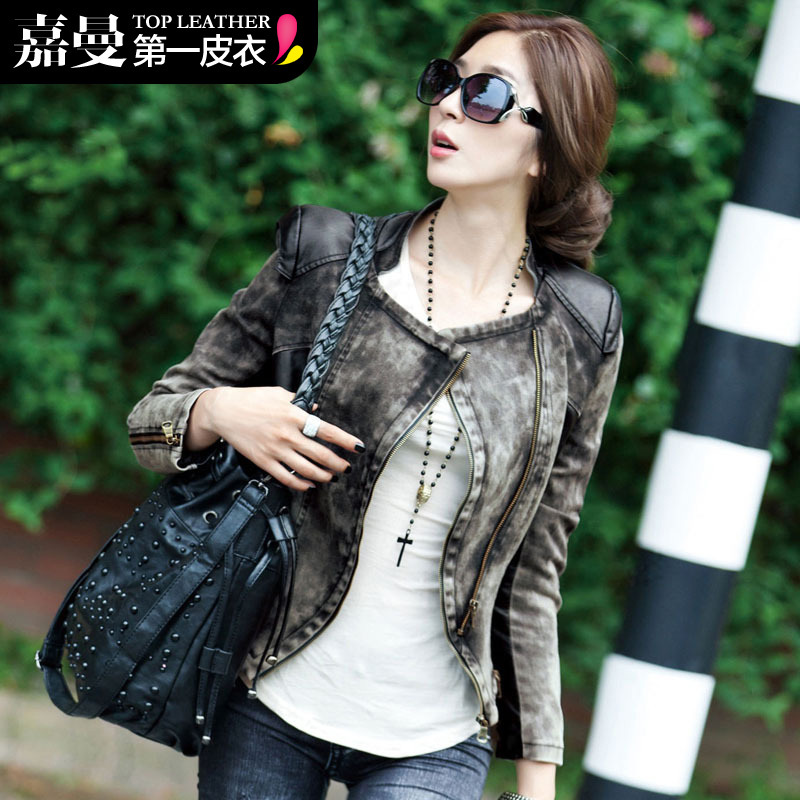Leather clothing women's street slim leather clothing patchwork denim women's coat s025