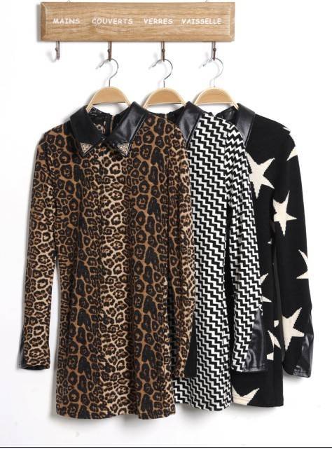 leather collar leopard sexy women's fashion long t-shirt mini dress ja628