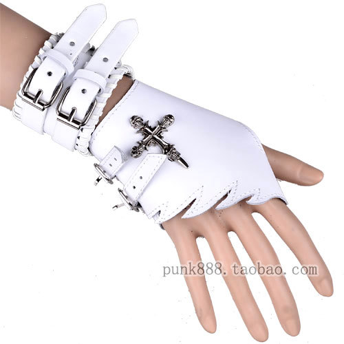 Leather gloves Double buckles gloves Male white non-mainstream gloves Punk  sport gloves Free shipping