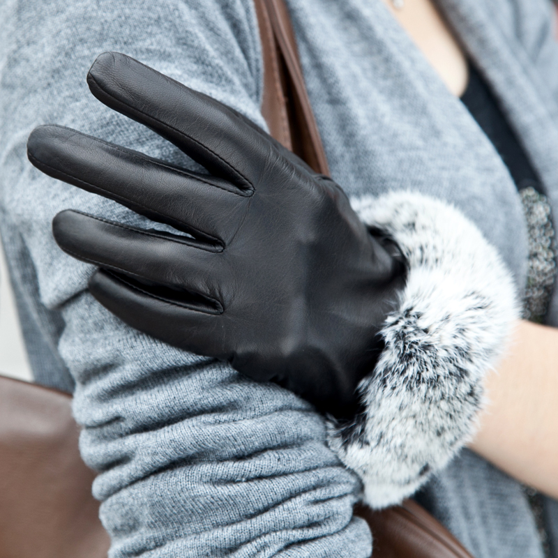 Leather gloves female genuine leather winter genuine leather gloves thermal women's sheepskin rabbit fur w-05