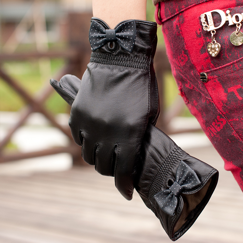 Leather gloves suede women's bow genuine leather autumn and winter female fashion genuine leather gloves thermal