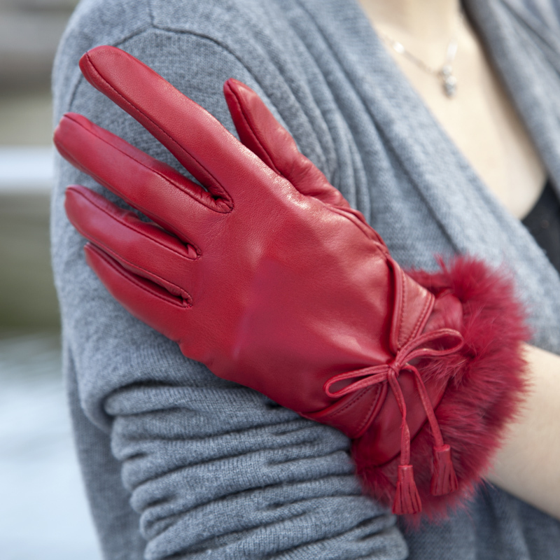 Leather gloves women's sheepskin winter thermal sheepskin genuine leather gloves bow wool w-35