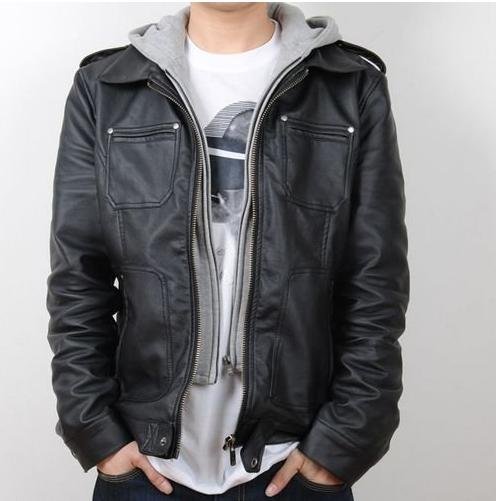 Leather jacket 2010 New Slim PU leather jacket coat /Hooded leather/Double zipper M,L XL XXL JK-19