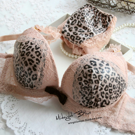 Leather lace leopard print push up bra underwear set