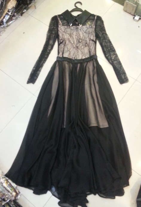 Leather lacing color block lace long-sleeve turn-down collar full dress