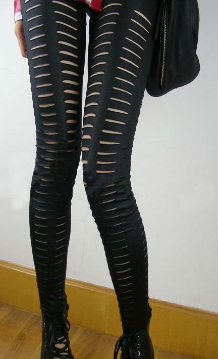 Leather look Sexy Black Punk Ripped Slashed Wet Look Leggings #32