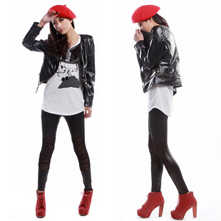 Leather pants fashion pencil pants trousers tight faux leather ankle length trousers knee gauze patchwork legging female