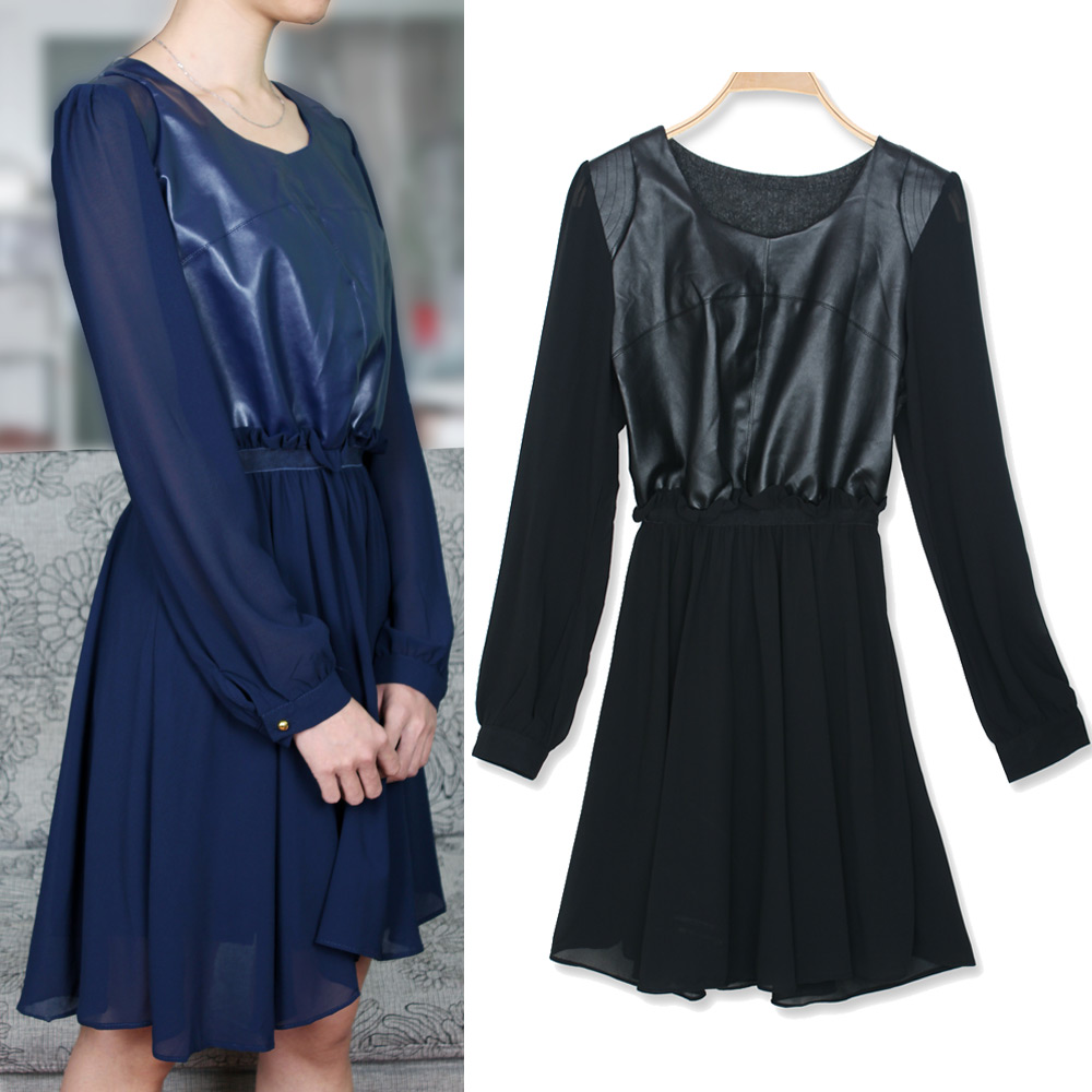 Leather patchwork chiffon one-piece dress 2013 women's spring fashion o-neck long-sleeve slim pleated skirt medium skirt