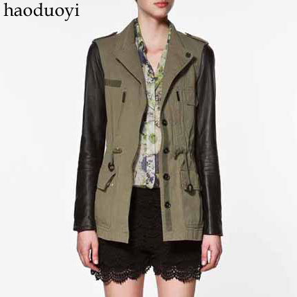 Leather patchwork frock outerwear hunting Army Green trench leather hunting drawstring round the waist