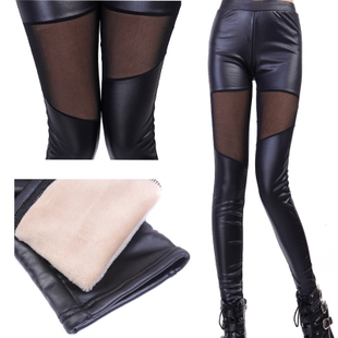 Leather patchwork gauze legging female meat fleece thermal legging sexy