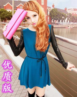 Leather patchwork long-sleeve dress female basic skirt fashionable casual all-match pleated skirt