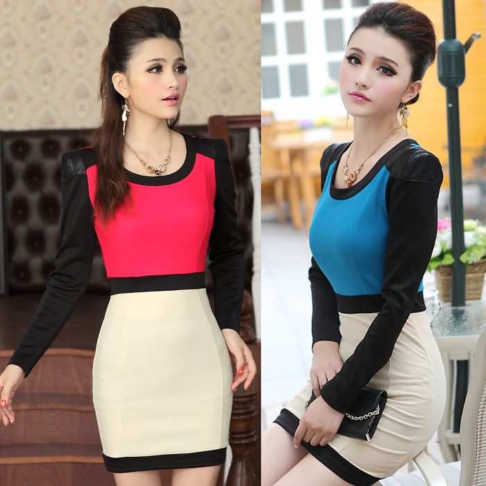 Leather patchwork slim hip slim one-piece dress long-sleeve spring and autumn color block 2013 women's sexy elegant ol