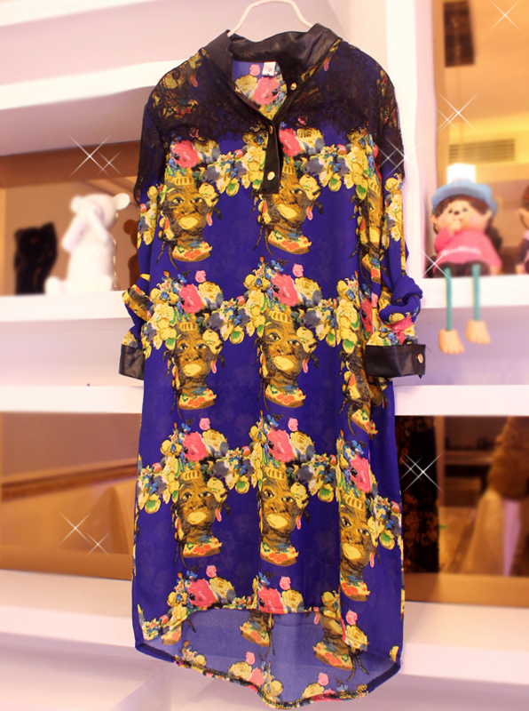 Leather shirt collar lace patchwork vintage pattern fancy one-piece dress with belt Free Shipping