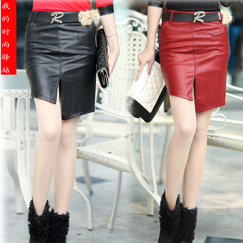 Leather skirt bust skirt slim hip PU short skirt placketing female leather skirt plus size slim asymmetrical skirt autumn and