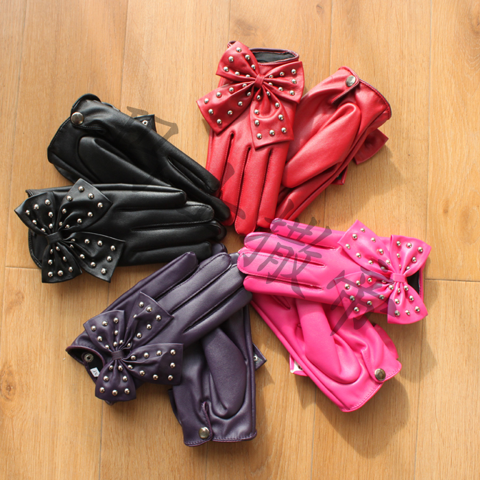 Leather star style rivet large bow women's fashion faux leather gloves