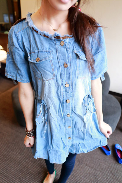 Leather tassel spring collar patchwork double pocket denim one-piece dress short-sleeve