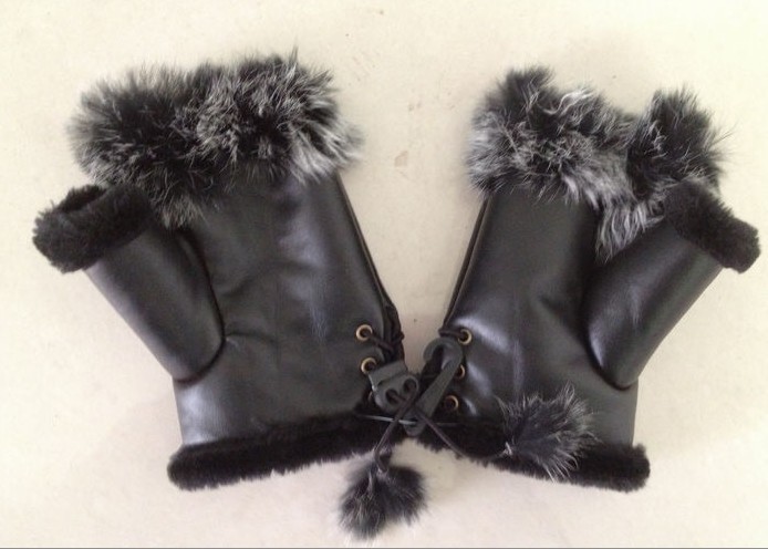 Leather winter fingerless gloves office keyboard gloves Rabbit fur +Leather Rabbit fur gloves lady's half-fingers gloves hot !!