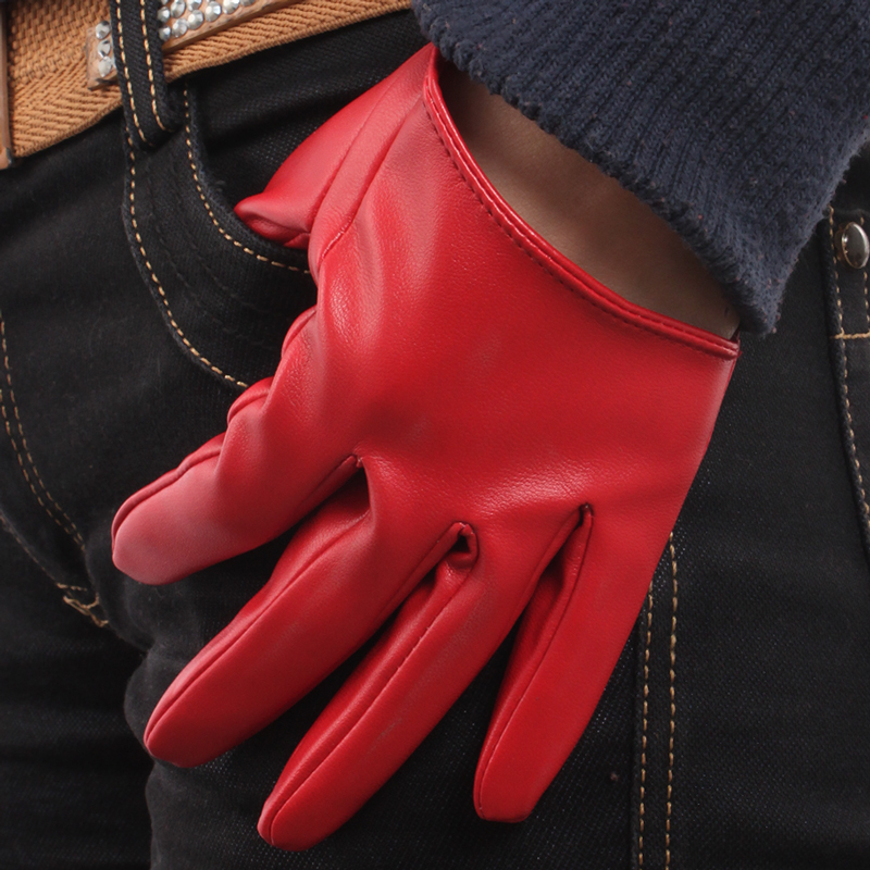Leather women's gloves Women red short design fashion gloves