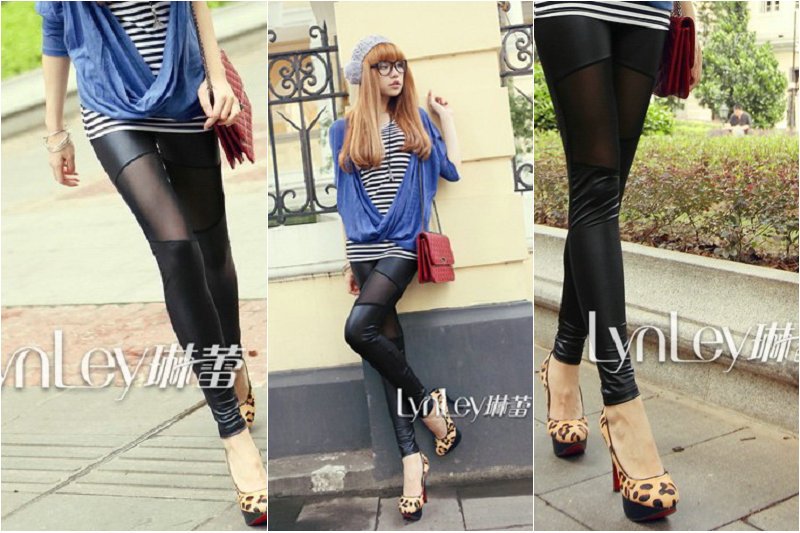legging 2012 summer women's summer legging black faux leather gauze patchwork slim vq400