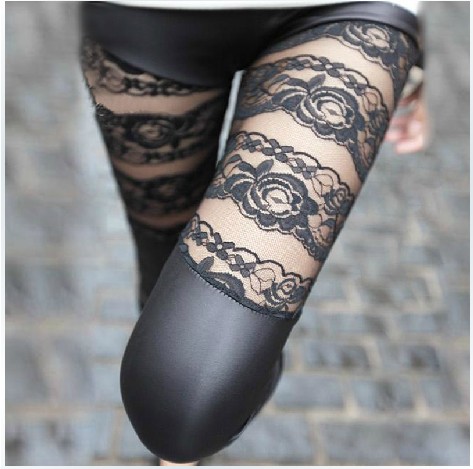 Legging faux leather female lace gauze patchwork PU legging fashion legging tight fitting female trousers spring and summer