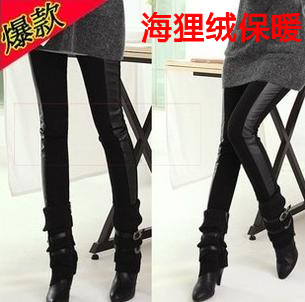 Legging female thickening beaver velvet cotton thermal sidepiece faux leather patchwork leather pants ankle length trousers
