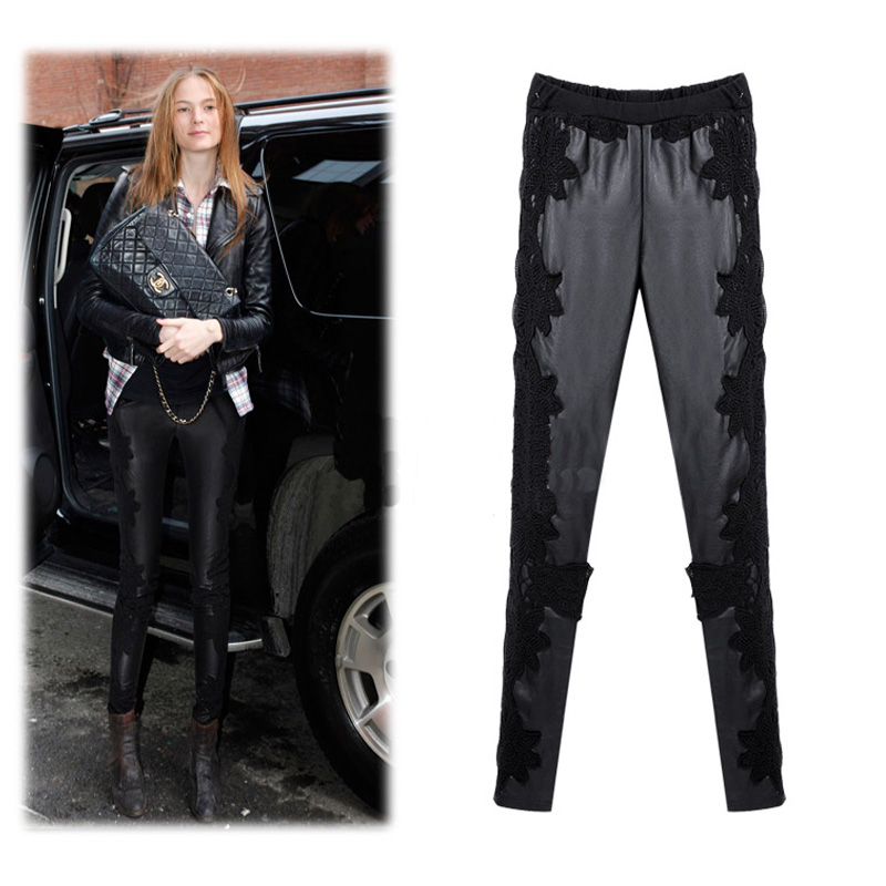 Legging pants slim PU elastic lace leather pants trousers skinny pants