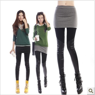 Legging spring and autumn female winter thickening faux leather long design culottes faux two piece set