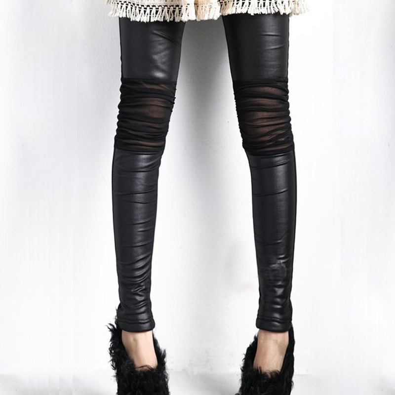 Legging women's faux leather patchwork warm pants the knee gauze patchwork ankle length trousers