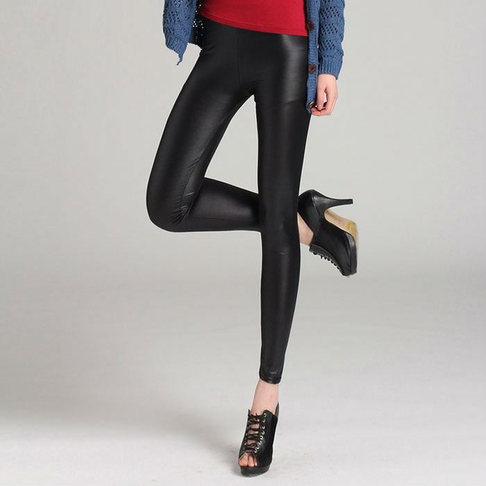 Leggings Capris Shiny Metallic Mid Waist Black Stretchy Imitation leather Leggings Tights Pants Free Size DropShipping S03070011