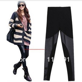 Leggings Fashion 2013 Metallic Faux Leather Punk Designer Leggings Black Patchwork Tights   M0065