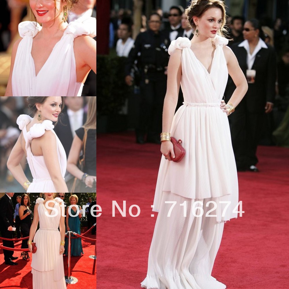 leighton-meester V Neck Spaghetti Strap Tiered Sexy  Beautiful Fashion  Chiffon  Floor Length  Long Celebrity Dresses Prom Gown