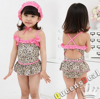 leopard floral pink bowknots beach swimsuits sets summer swimming suits for 3-7 years  baby girls children's clothing 5pcs / lot