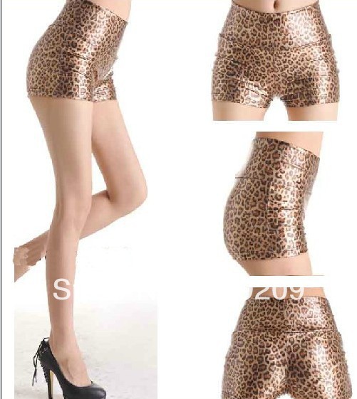 Leopard Imitation leather pants sexy Ms. abdomen stretch hot pants free shipping