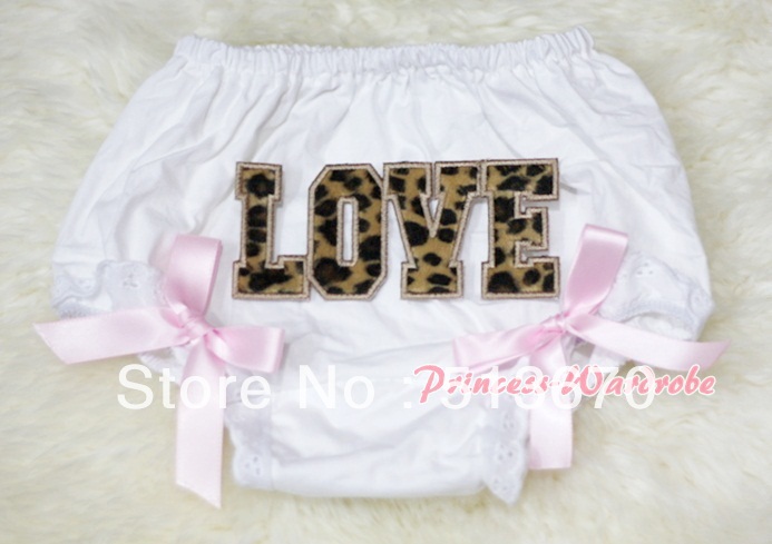 Leopard LOVE Print White Panties Bloomers with Light Pink Bow MABL44