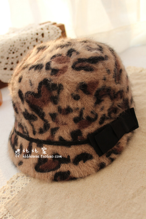 Leopard print bow equestrian cap knight cap rabbit fur wool blending fedoras autumn and winter women's hat thermal