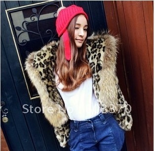 leopard print coony fur collar outerwear Long Sleeve Faux  Fur coat  short design faux leopard print outerwear