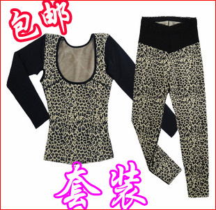 Leopard print polyester velvet bamboo charcoal fiber low-cut long-sleeve thermal shaper thermal clothing warm pants set