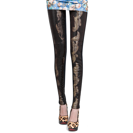 Leopard print serpentine pattern faux leather cotton cloth patchwork thickening elastic pants warm pants legging