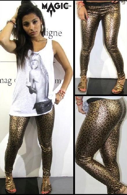 Leopard Print Stretchy Skinny Faux Leather Leggings Pants LB13138 (M & XL Size)