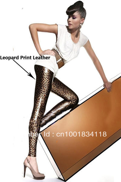 Leopard Print Stretchy Skinny Faux Leather Leggings Pants LB13138 (M & XL Size)