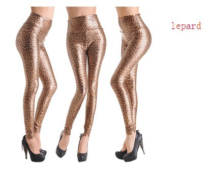 Lepard New Shiny Neon Metallic Coloured Leggings High Waist Faux leather Pants Tights  elasticity leggings