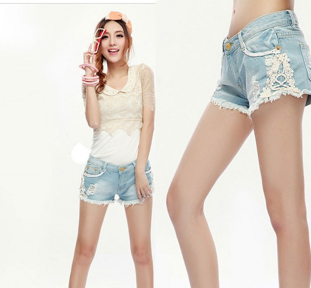 Light Blue 2013 Lady Lace Denim Straight Shorts,Women's Jeans Shorts,Womens' Plus Large Short Pants Free Shipping