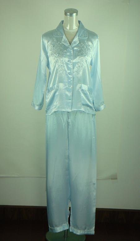 Light Blue Chinese Women's Satin Polyester 2pcs Nightwear Pyjamas Sleepwear Robe Gown M L XL XXL Free Shipping S0045