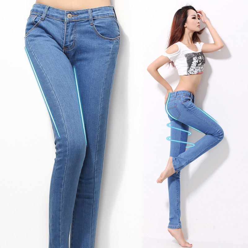 Light blue low-waist jeans zipper denim trousers slim pencil pants female trousers